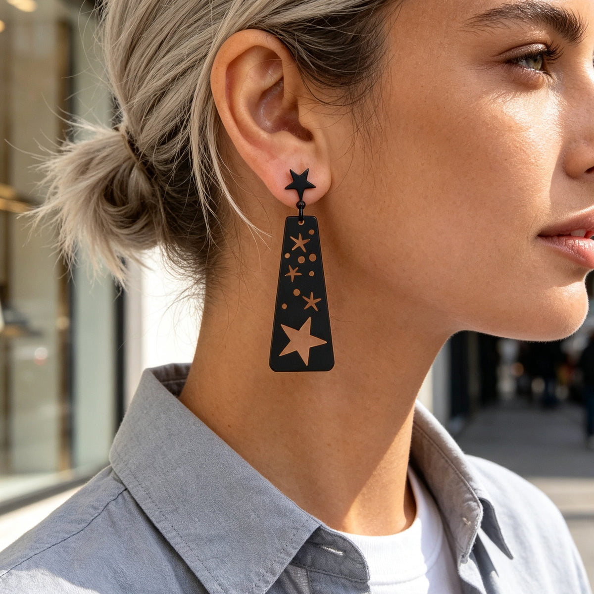 Creative Jewelry Party Black Hollow Star Trapezoid Geometric Long Dangle Earring