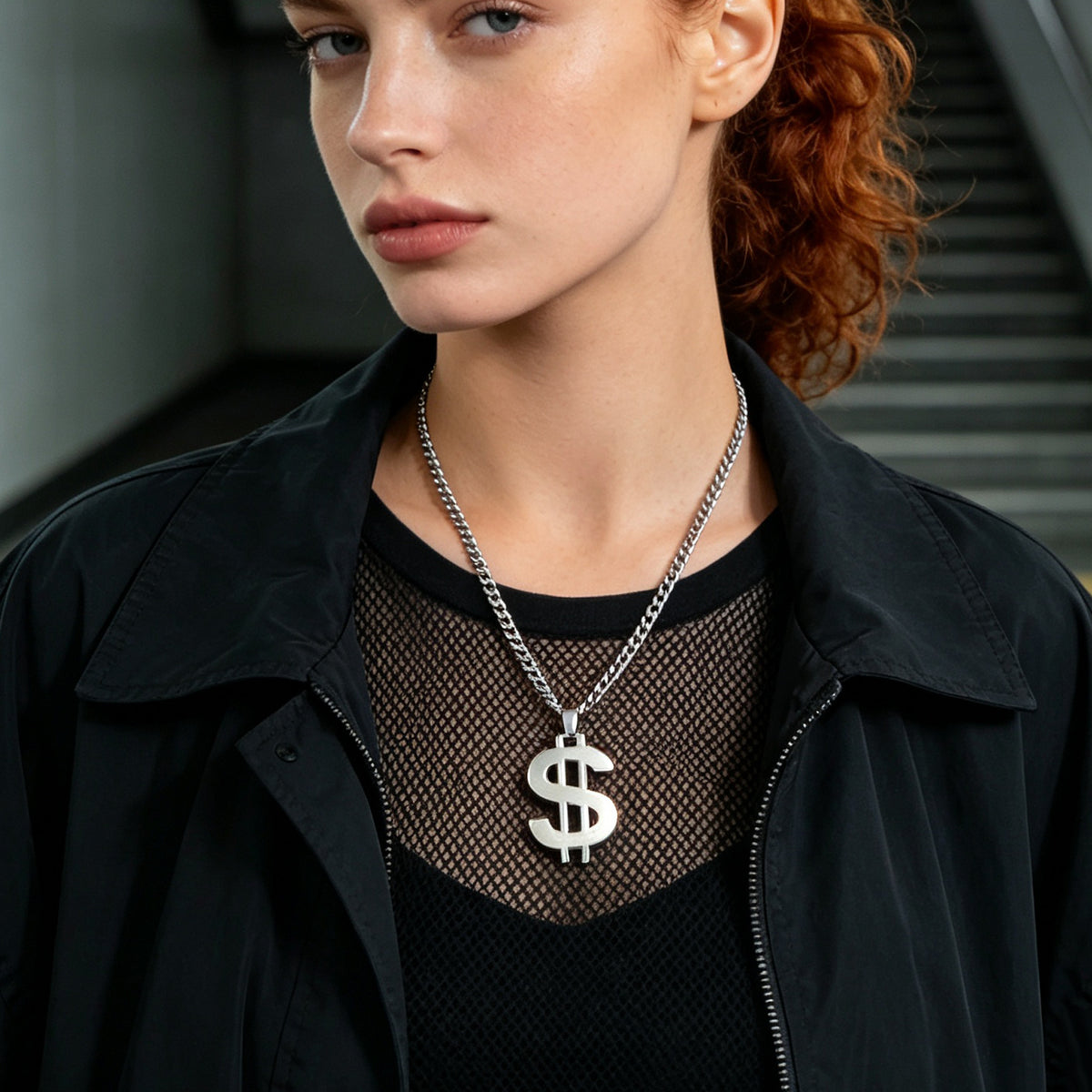 Street Style Silver Dollar Sign Pendant Cuban Chain Necklace Personality Jewelry