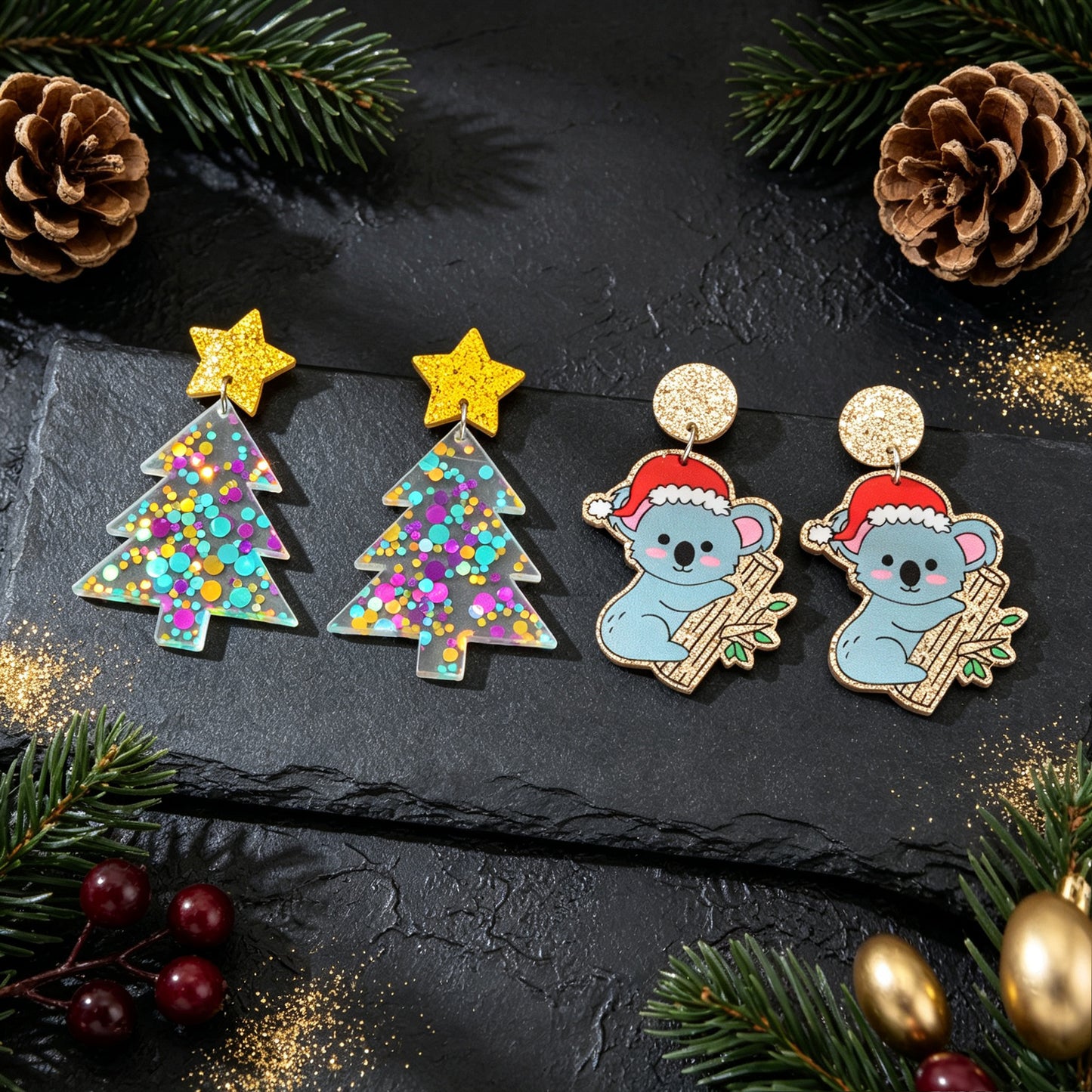 2 pairs Cartoon Christmas Tree Koala Drop Earrings Lovely Holiday Party Jewelry