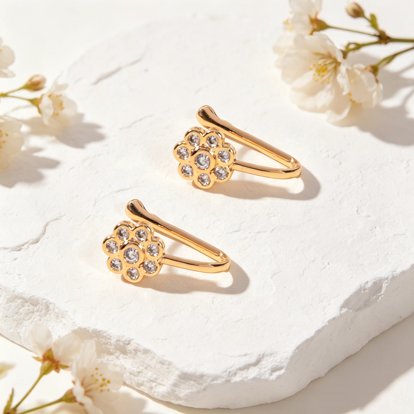 2pcs Rhinestone Gold Flower Ear Cuff Earrings Elegant Dating Party Jewelry Gift