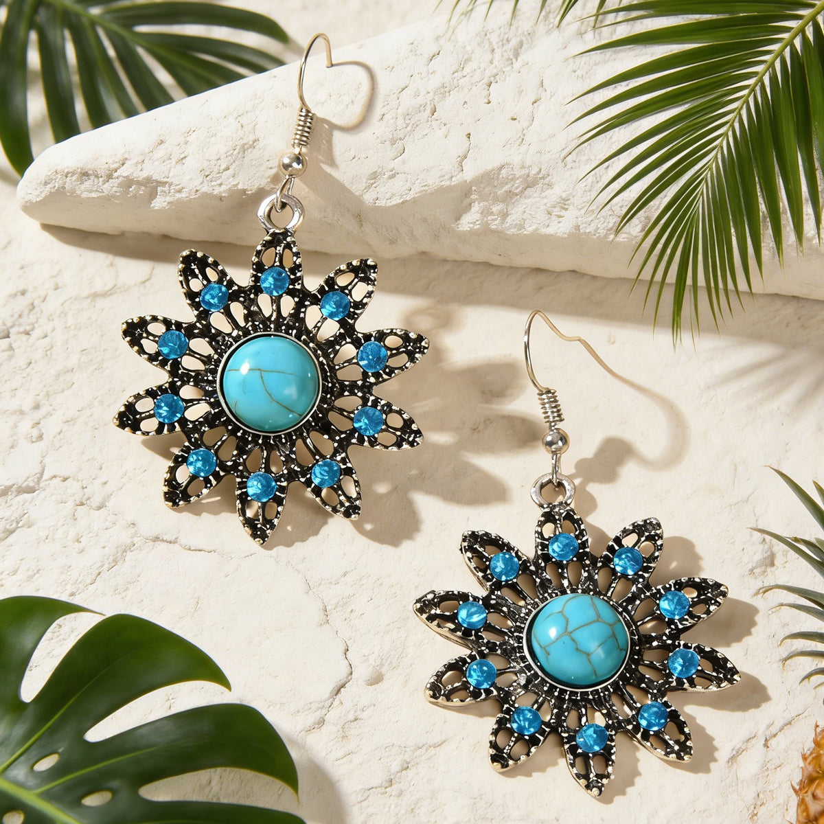 Vintage Jewelry Antique Silver Hollow out Blue Turquoise Flower Dangle Earrings