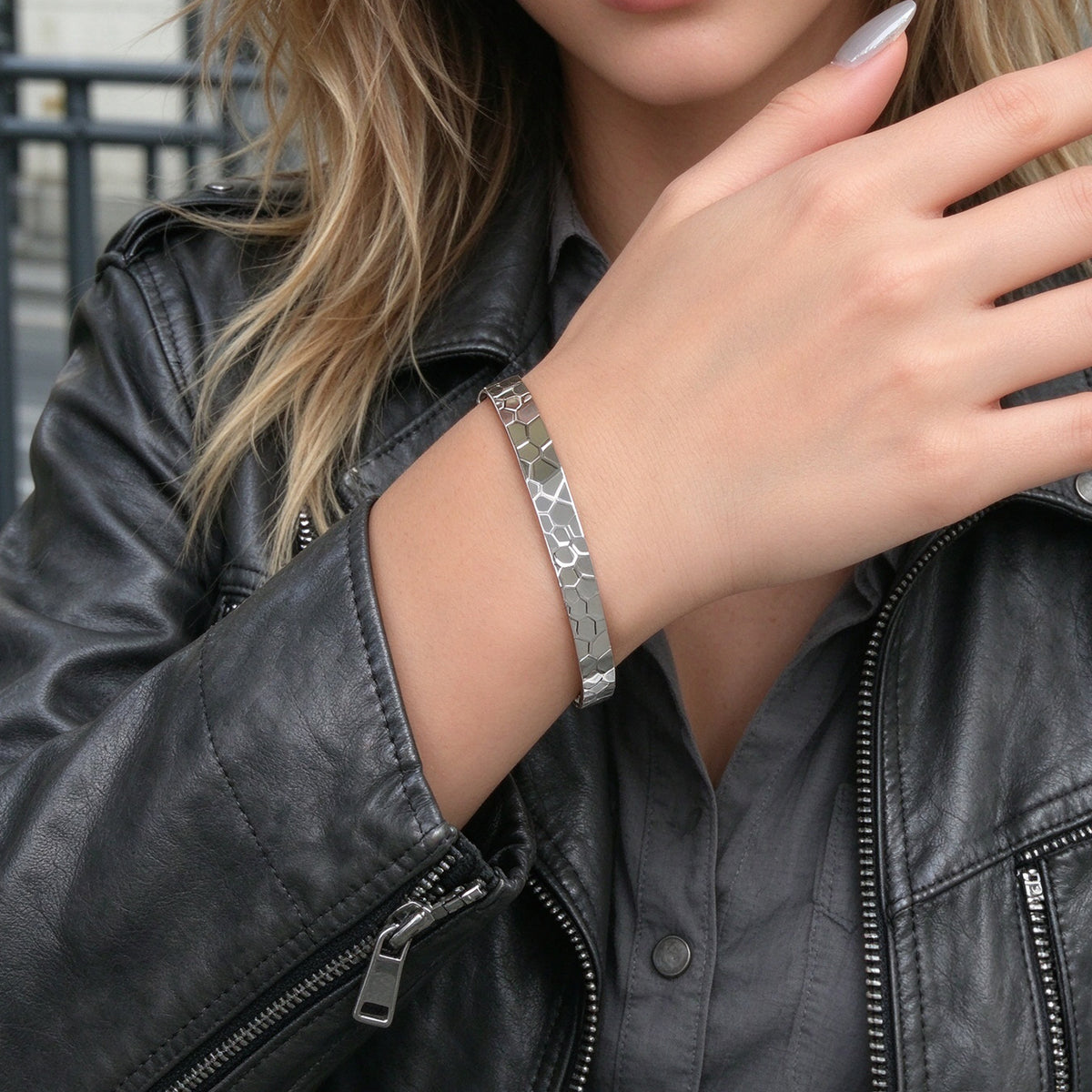 Punk Silver Geometric Hammered Texture Open Cuff Bangle Simple Trendy Jewellery