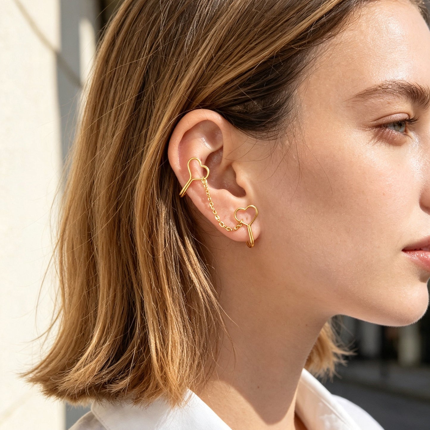 2pcs Heart Chain Linked Ear Cuff Punk Street Gold Non-Pierced Cartilage Ear Clip