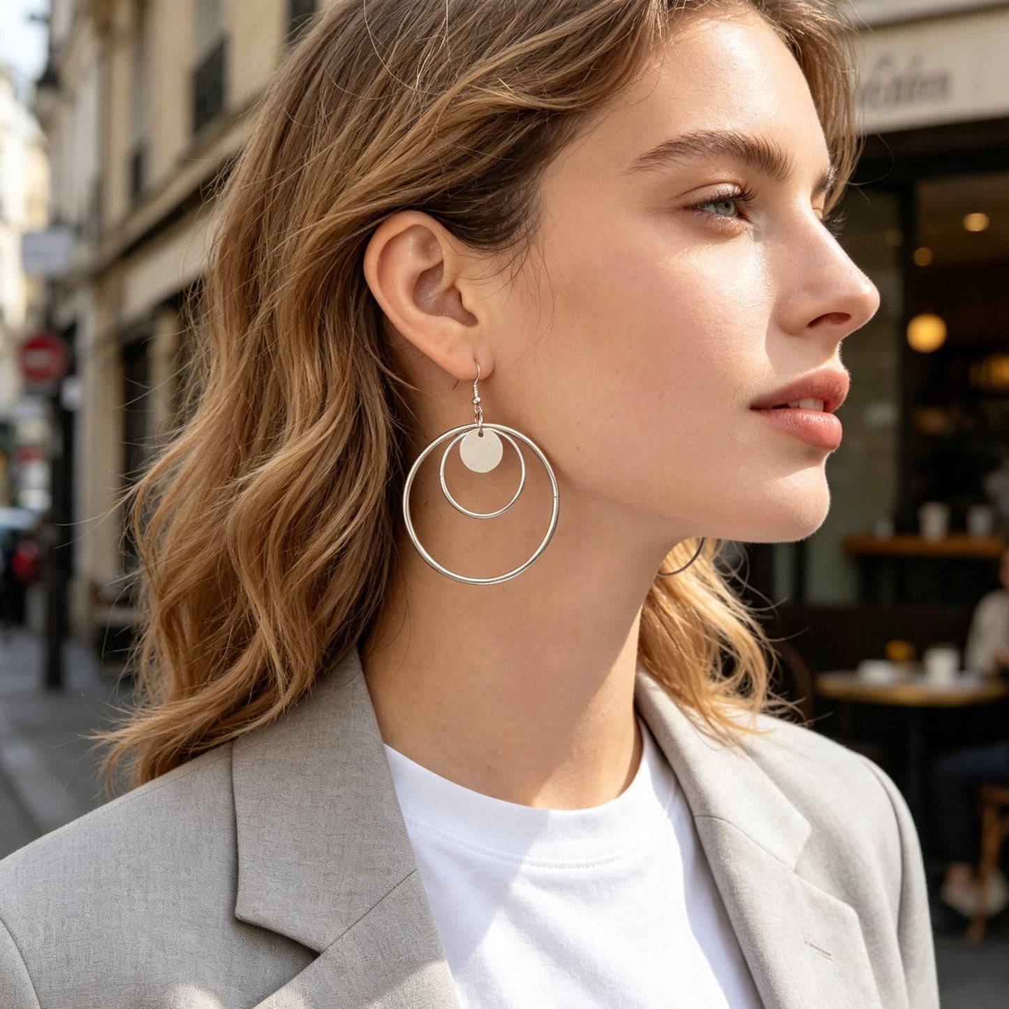 Modern Geometric Circle Dangle Earrings Minimalist Double Hoop Disc Design Daily Officework Jewelry