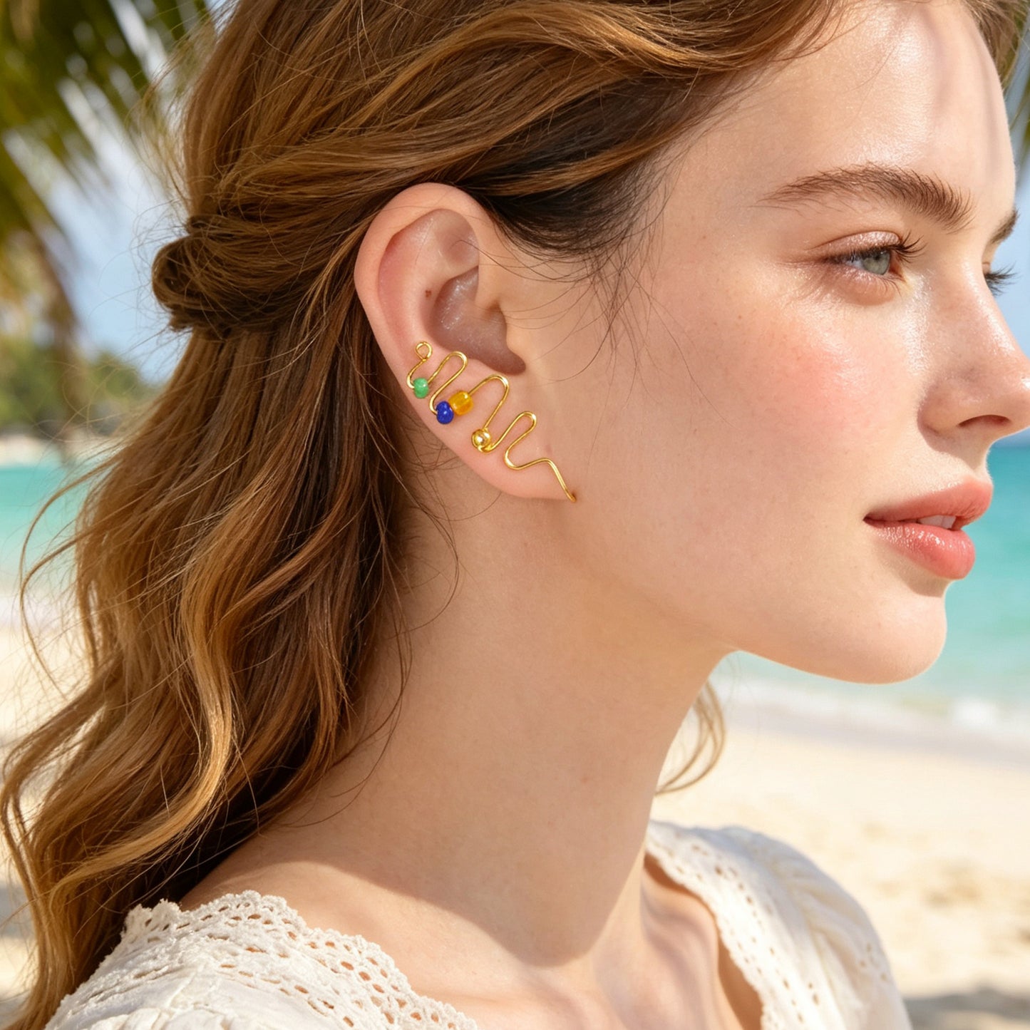 2pcs Wavy Gold Ear Cuff No Piercing Summer Rainbow Bead Ear Wrap Clip On Earring