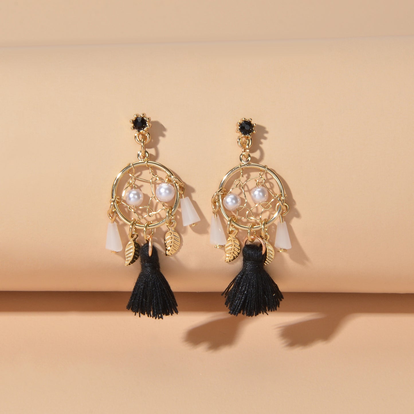 Ethnic Style Bohemian Jewellery Pearl Beads Leaf Charm Tassel Dangle Earrings