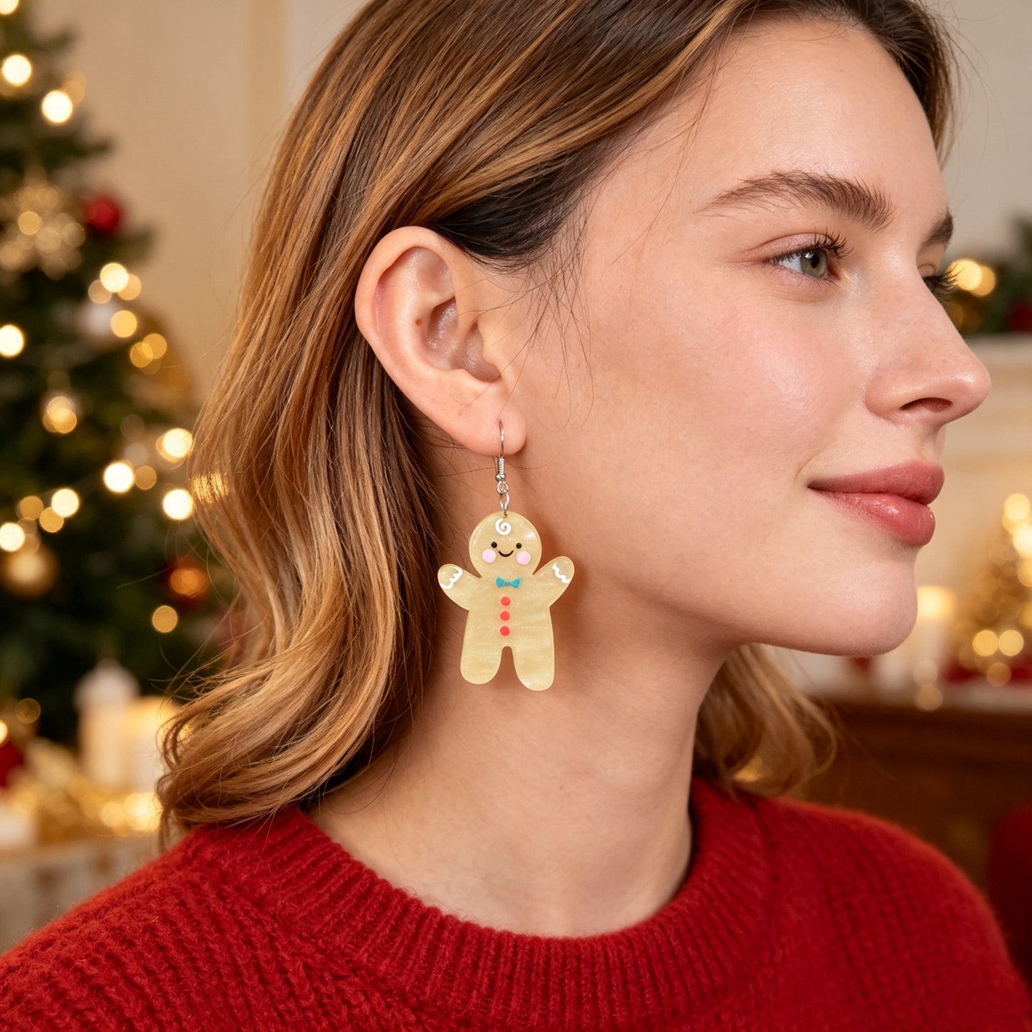 Cartoon  Christmas Gingerbread Man Drop Earrings Holiday Cute Sweet Jewelry