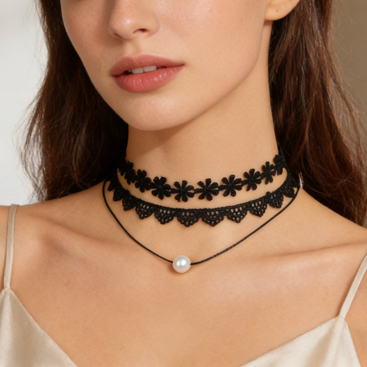 Black Elastic 5pcs Lace Flower Triangle Charm Boho Gothic 90s Tattoo Choker Gift