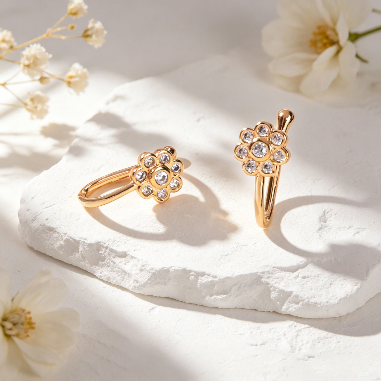 2pcs Rhinestone Gold Flower Ear Cuff Earrings Elegant Dating Party Jewelry Gift