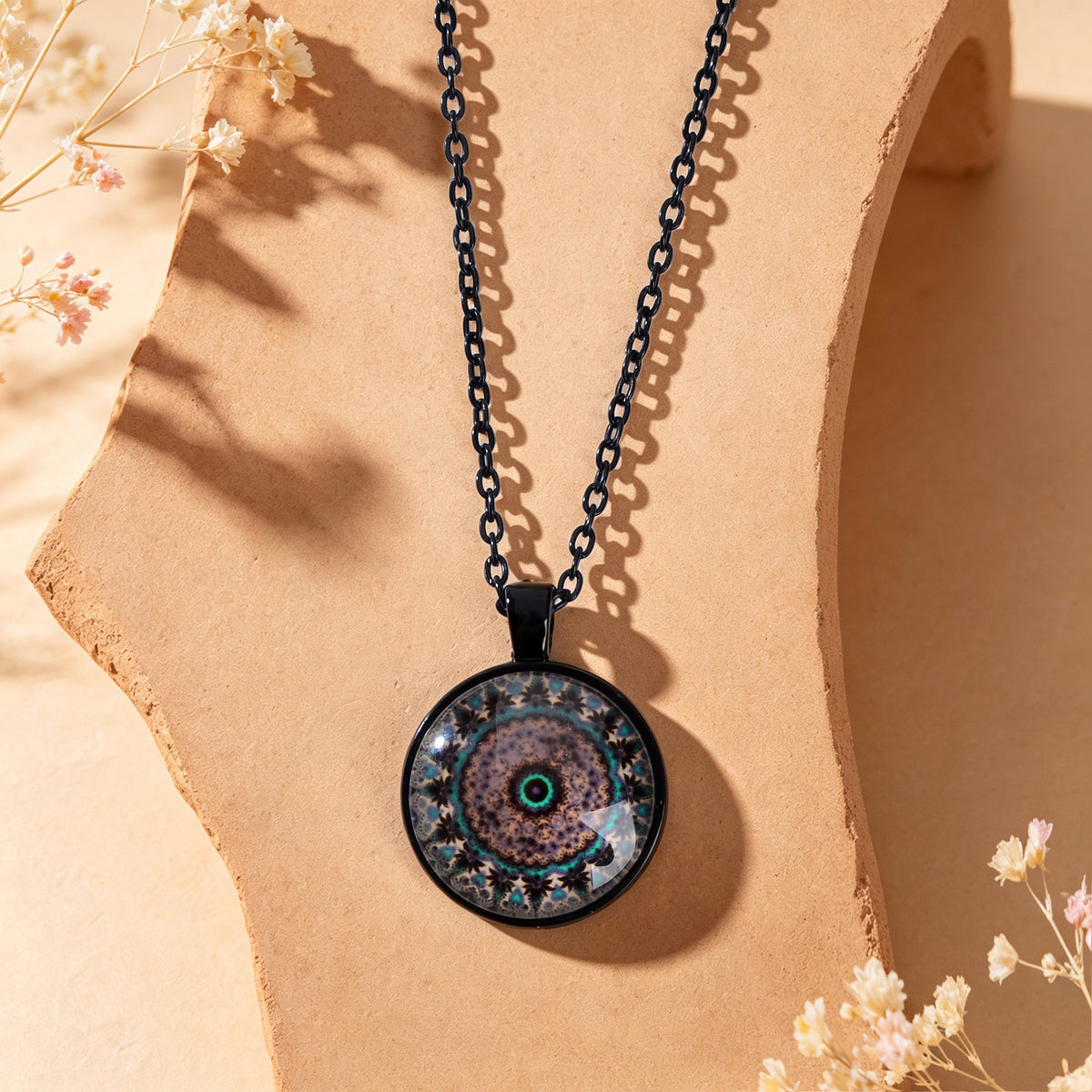 Black Long Chain Antique Colorful Floral Pattern Round Pendant Ethnic Necklace