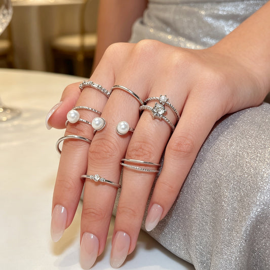 8pcs Stackable Rings Set Elegant Silver Pearl Crystal Fashion Statement Jewelry