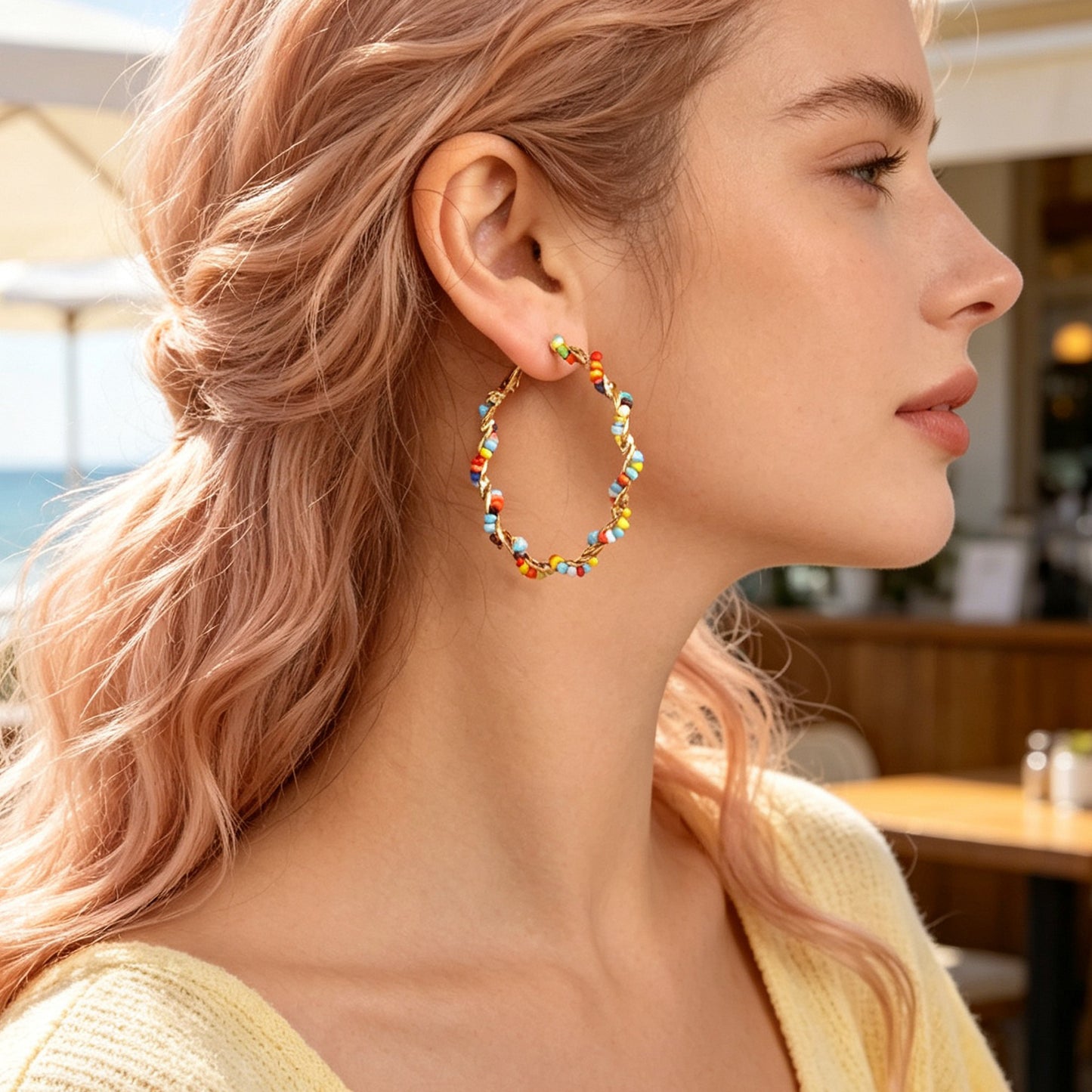 Bohemian Beaded Large Twist Circle Hoop Earrings Summer Beach Holiday Statement  Jewelry