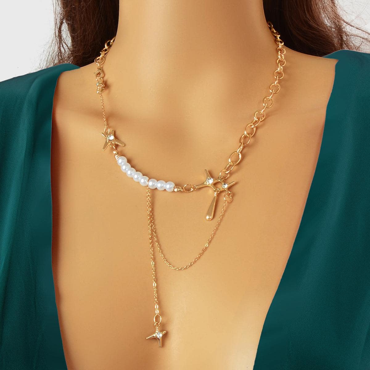Multiple Silver Chain Star Charm Pearl Decoration Clavicle Necklace Costume Gift