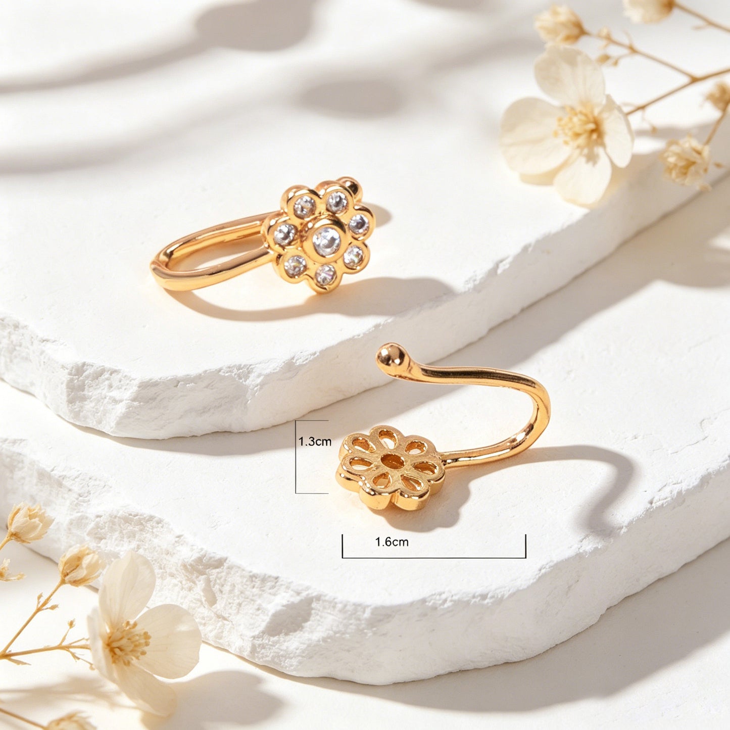 2pcs Rhinestone Gold Flower Ear Cuff Earrings Elegant Dating Party Jewelry Gift