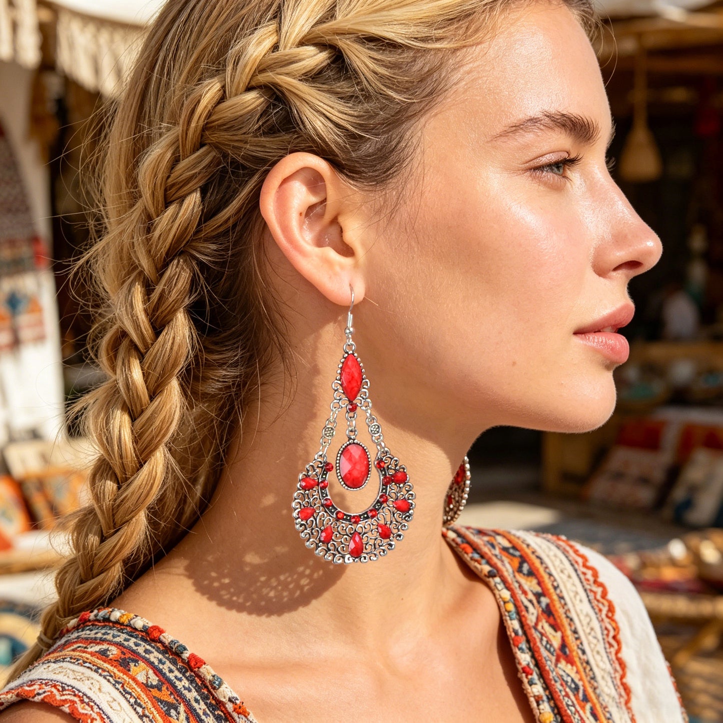 Boho Beads Decor Antique Silver Water Drop Dangle Earrings Beach Vacation Travel Jewelry