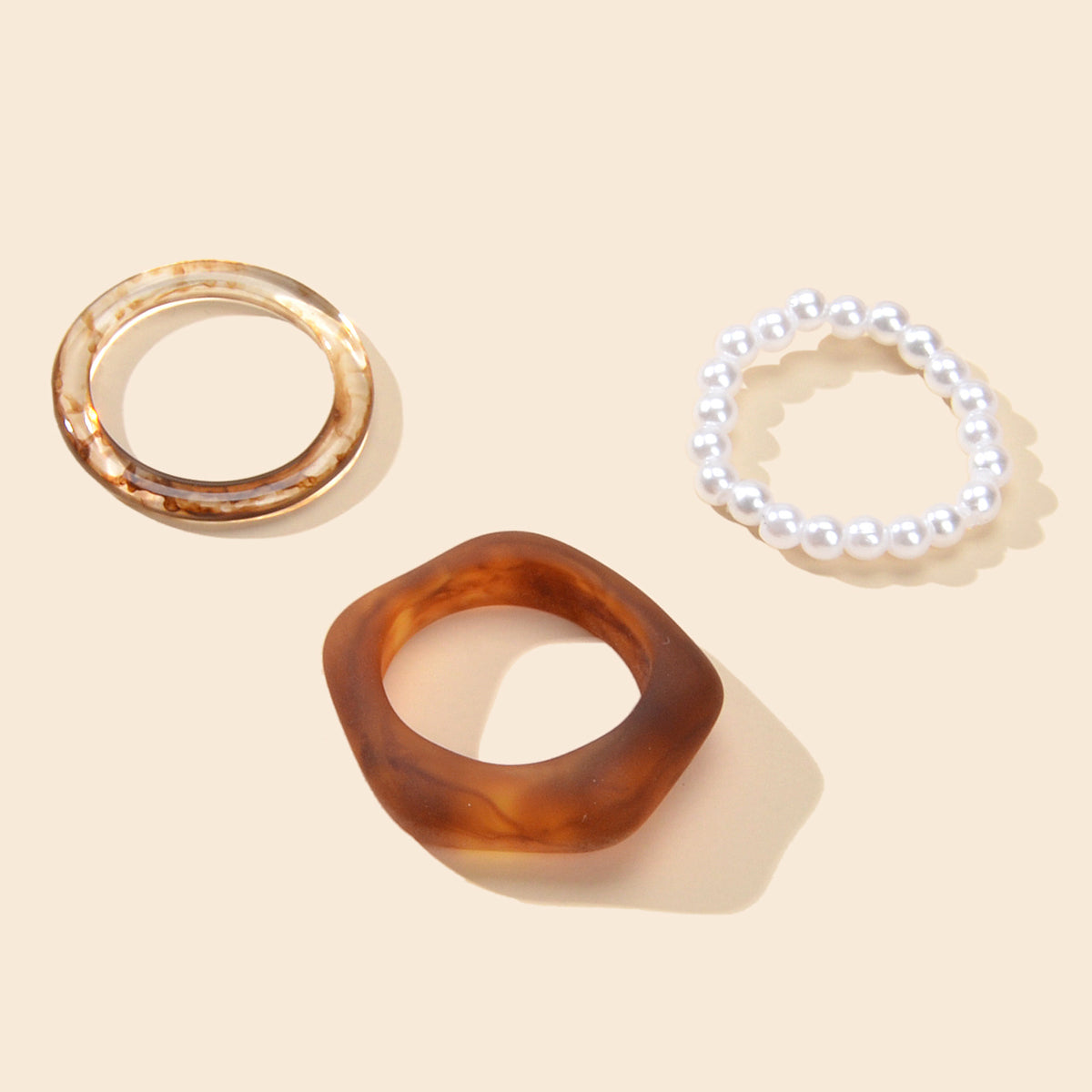 Multiple 3 pcs White Brown Resin Chunky Pearl Elastic Stackable Finger Ring Set