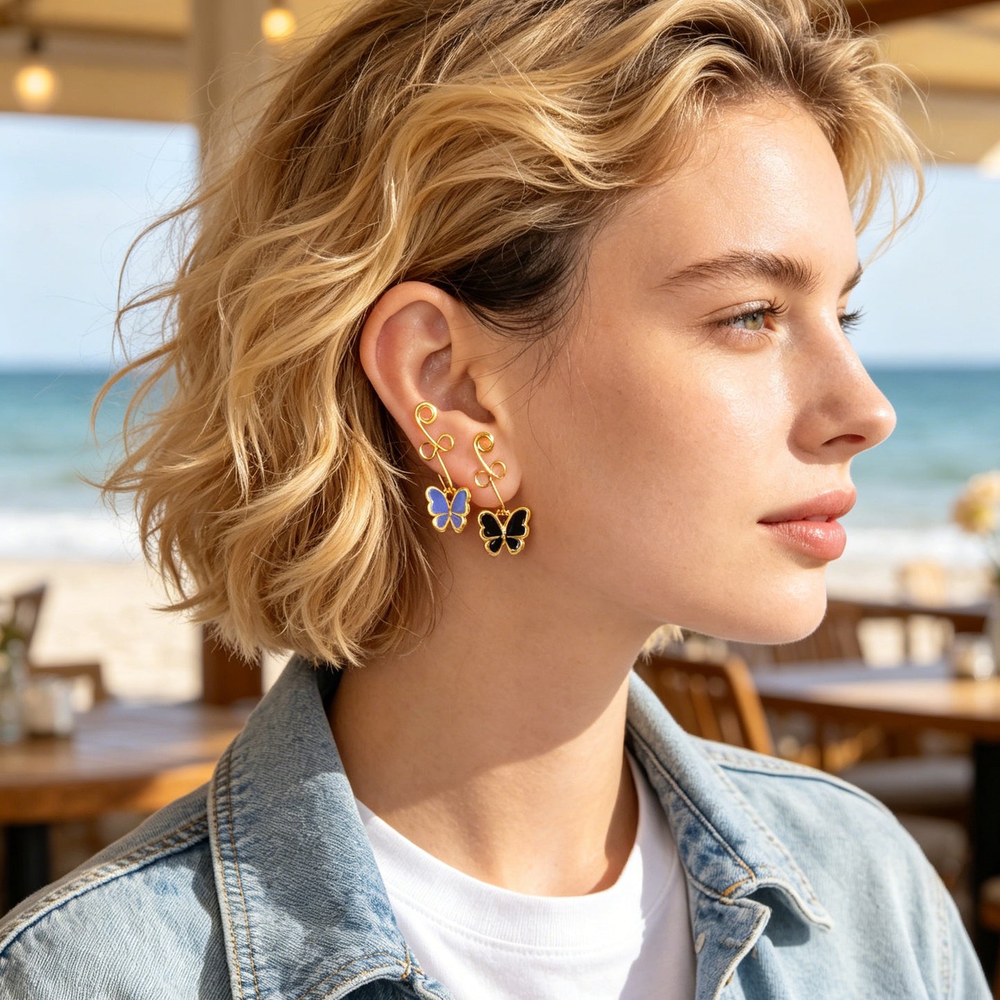 Trendy Enamel Butterfly Dangle Ear Cuffs No Piercing Gold Non-Pierced Ear Clips