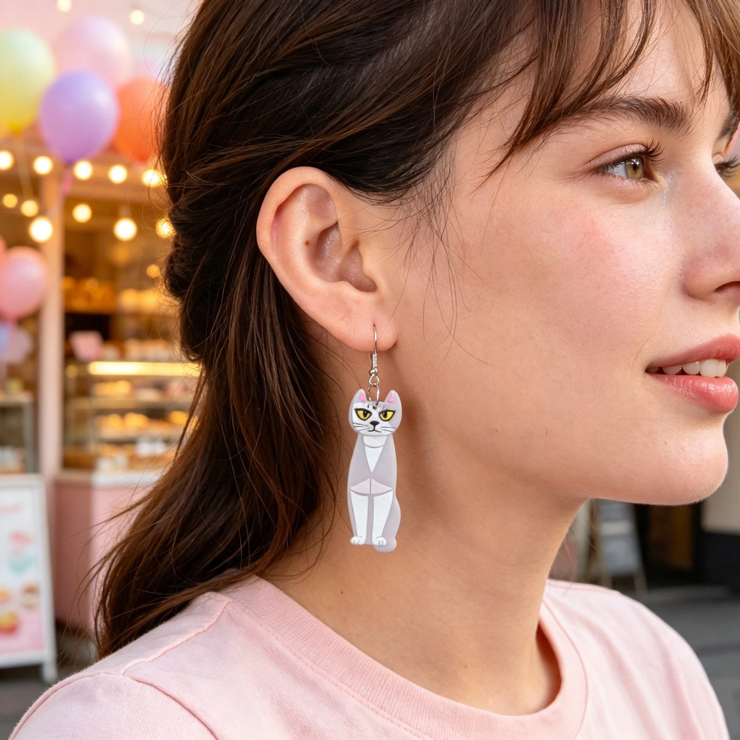 Fun Grey Long Cat  Acrylic Dangle Earrings Cute Pet Animal Element Accessories