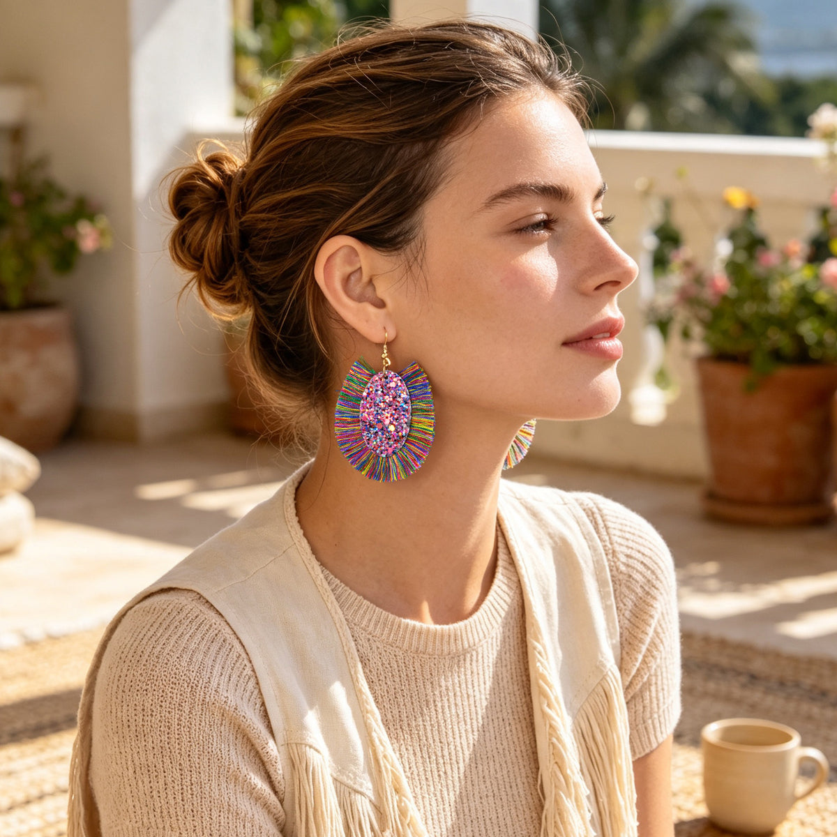 Boho Colorful Tassel Sequin Oval Dangle Earrings Chunky Summer Beach Vacation Statement Jewelry