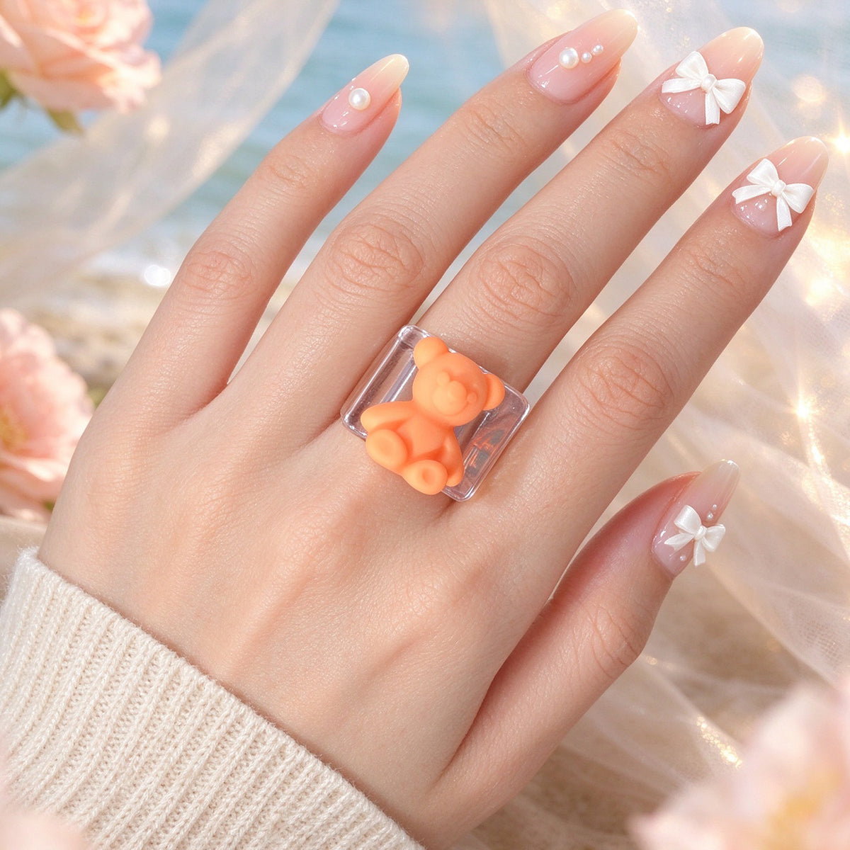 Cute Bear Cartoon Decor Clear Resin Chunky Finger Ring Y2k Cosplay Jewelry Gift