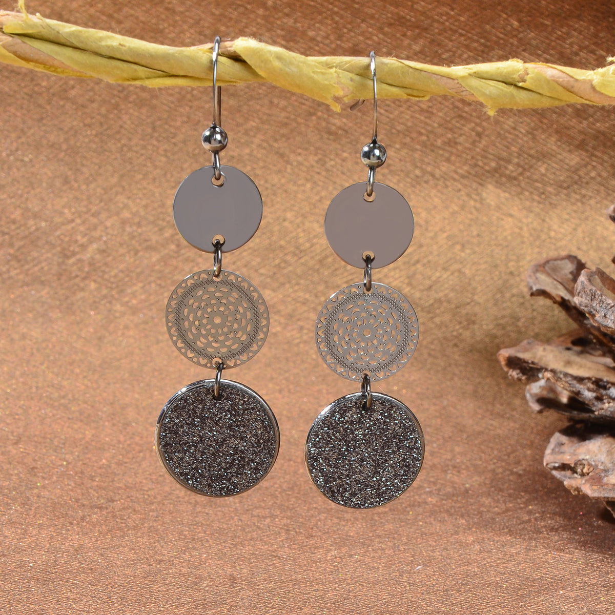 Chic Triple Round Disc Pendants Earrings Stylish Dangling Ear Jewelry Girls Gift