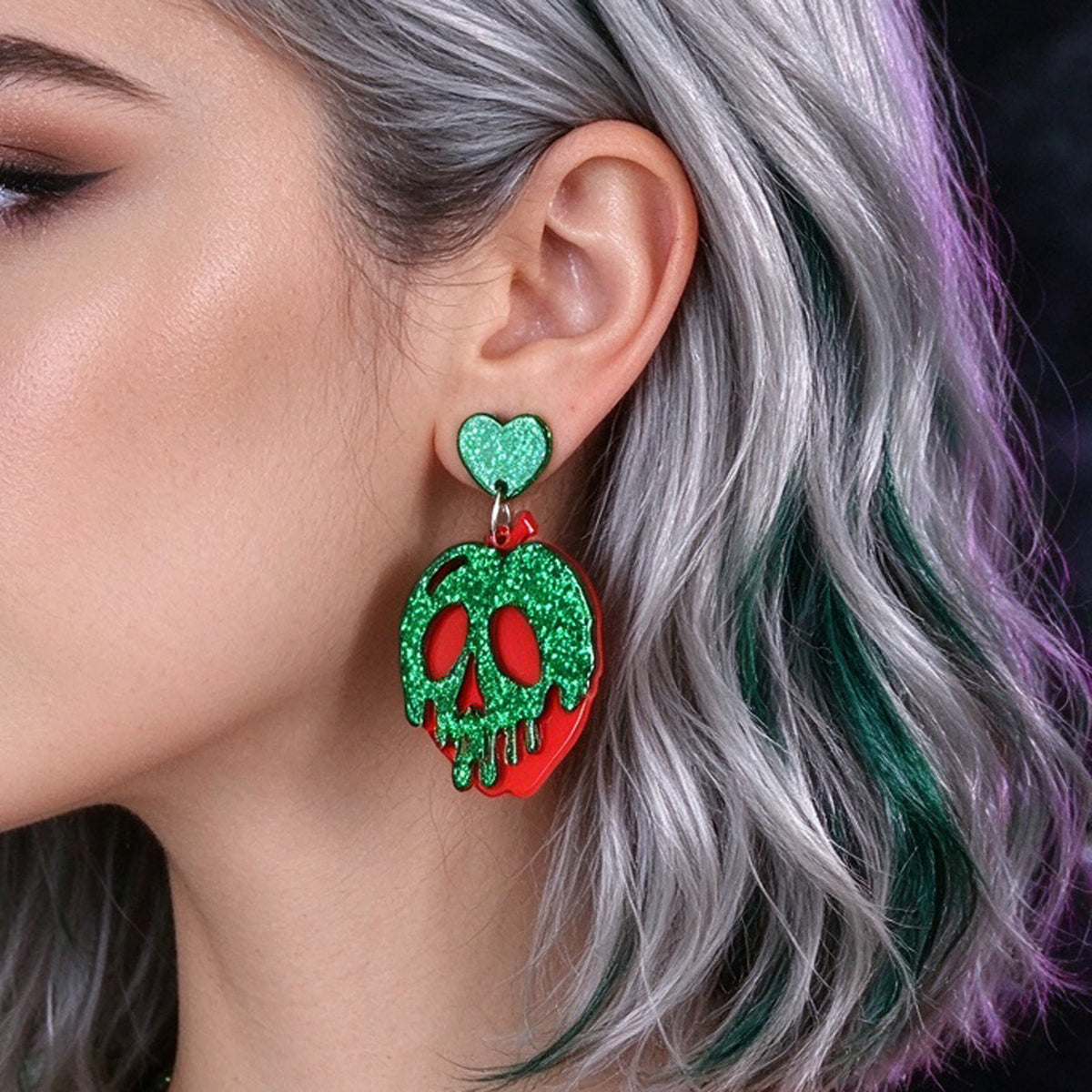 Halloween Gothic Red Green Glitter Skull Dangle Hook Earrings Cosplay Jewellery