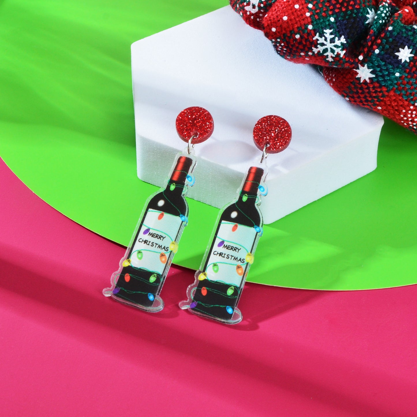 Merry Christmas Festival Jewelry Acrylic Light String Twine Wine Bottle Earrings