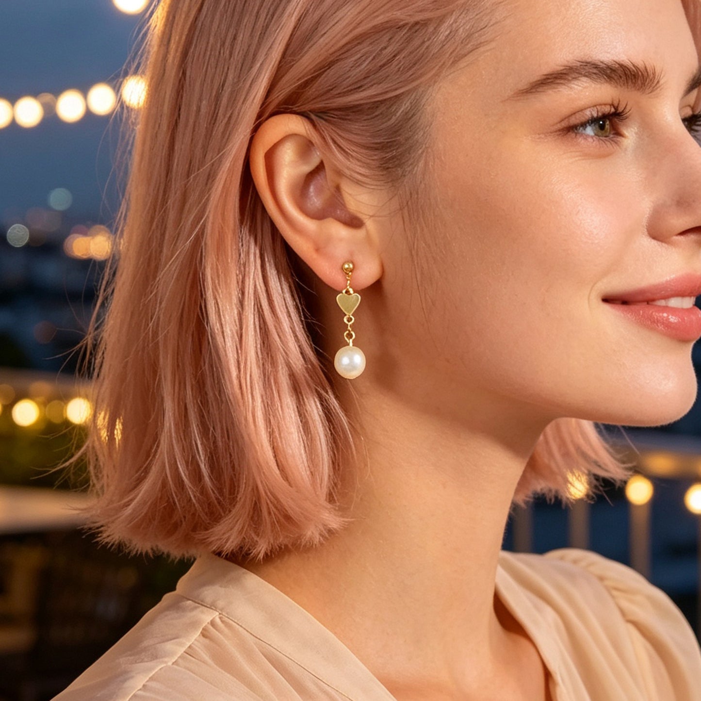 Lovely Gold Heart Pearl Chain Drop Dangle Earrings Daily Party Dating Jewellery