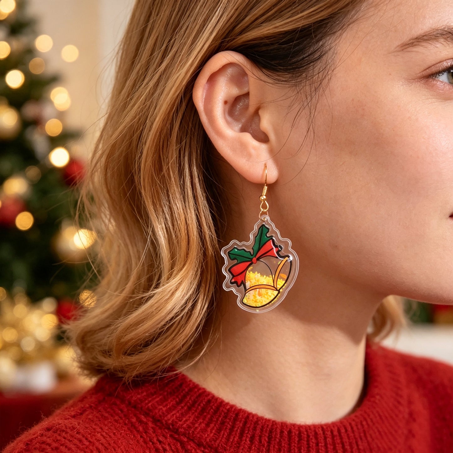 Glitter Christmas Bell Acrylic Dangle Earrings Star Bow Decor Cute Festive Gathering Jewelry Gift