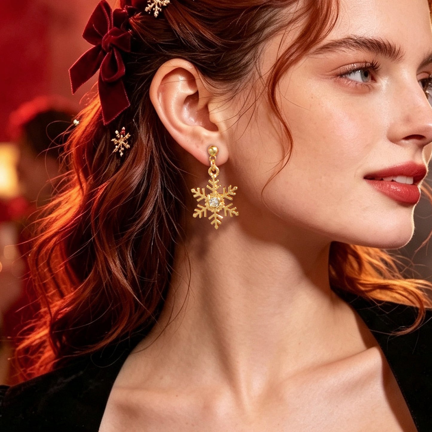 Luxury Gold Inlaid Crystal Snowflake Dangle Earrings Christmas Festive Jewellery
