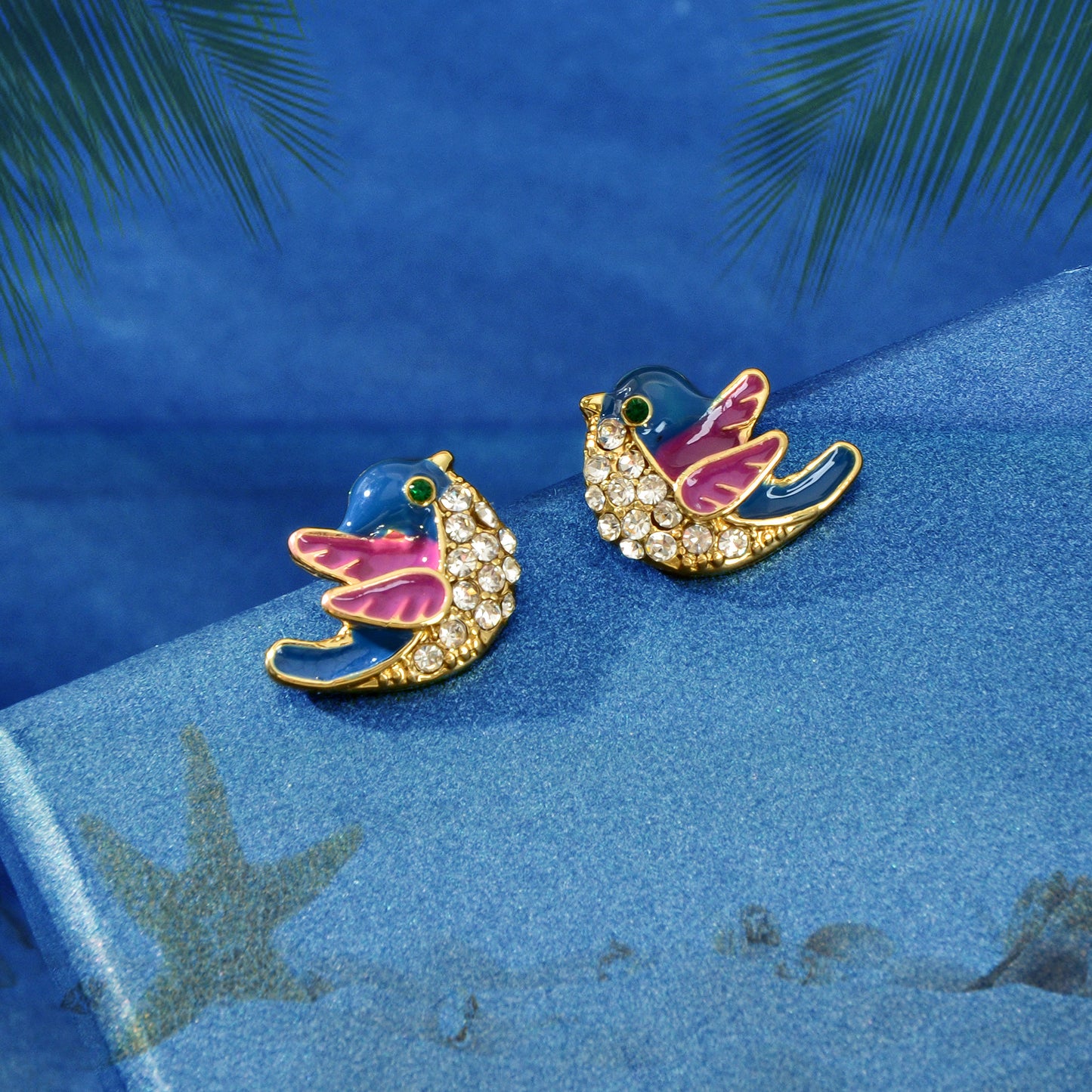 Small Rhinestone Purple Blue Enamel Love Birds Stud Earrings Funny Party Gifts