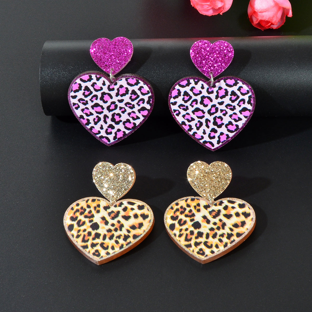 Colourful Leopard Print Heart Pendant Earrings Wild Style Statement Jewellery