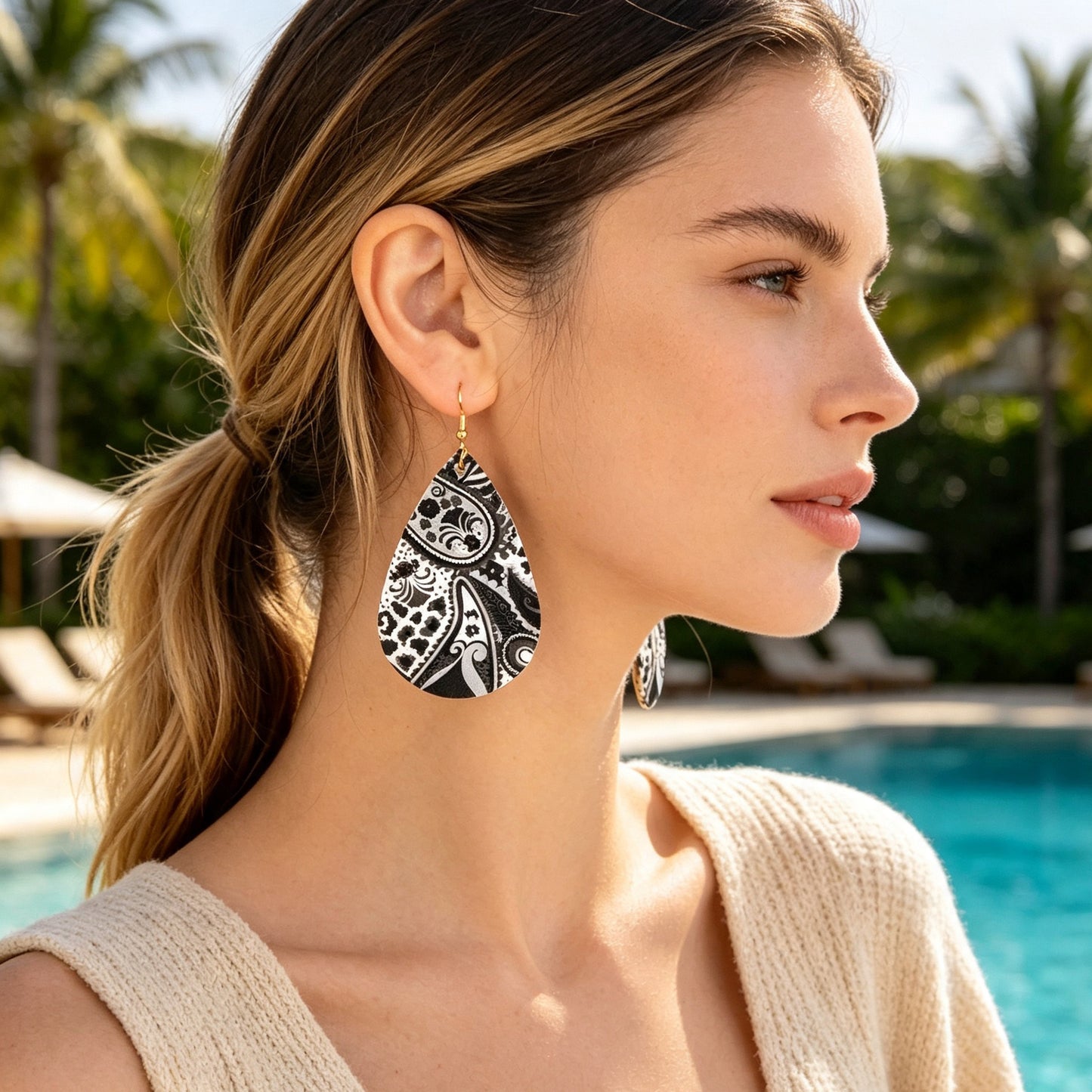 Boho Black White Paisley Pattern Water Drop PU Leather Dangle Earrings Beach Vacation Jewelry