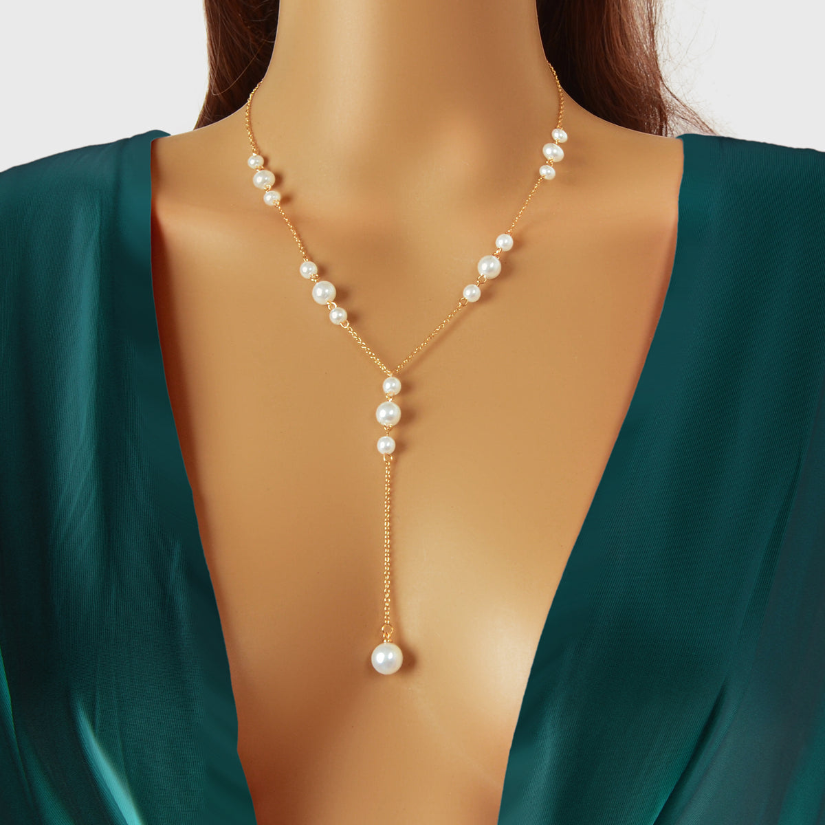 Elegant Pearl Bead Decor Gold Chain Y Style Long Pendant Necklace Party Jewelry