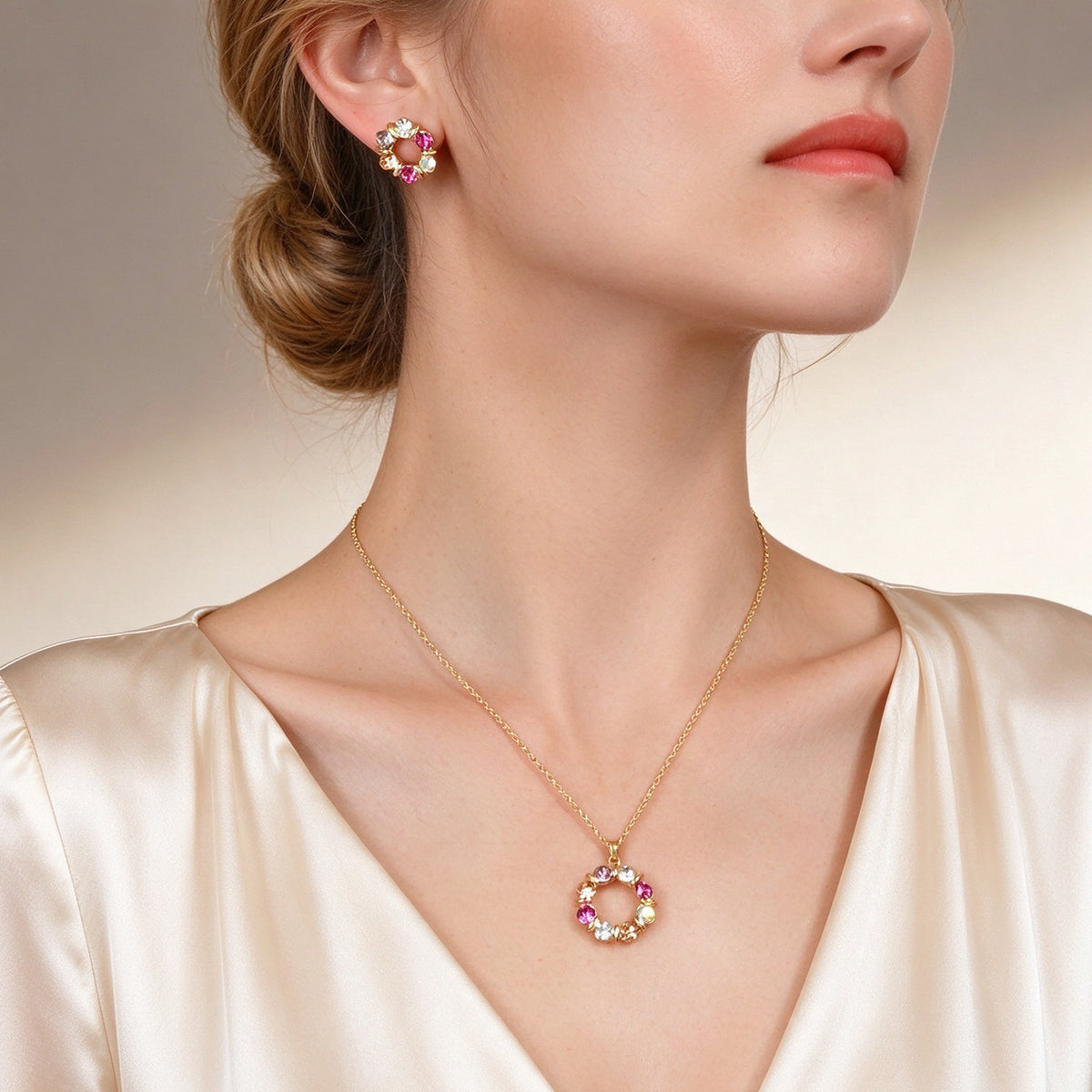 Glitter Flower Stud Earrings Pendant Necklace Jewellery Set Wedding Accessories