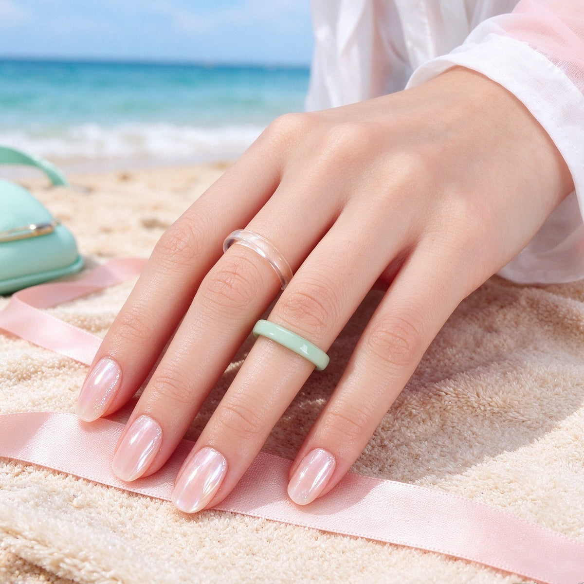 2pcs Simple Green Transparent Resin Stackable Finger Ring Vacation Beach Jewelry