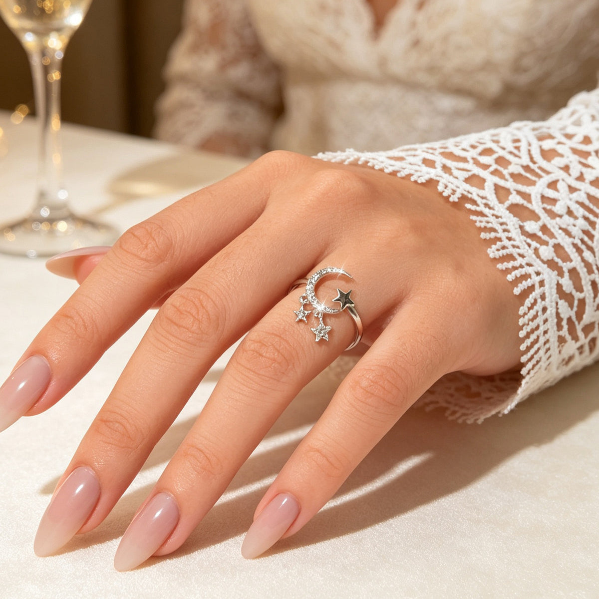 Glitter Rhinestone Silver Star Moon Finger Ring Engagement Wedding Jewelry Gift