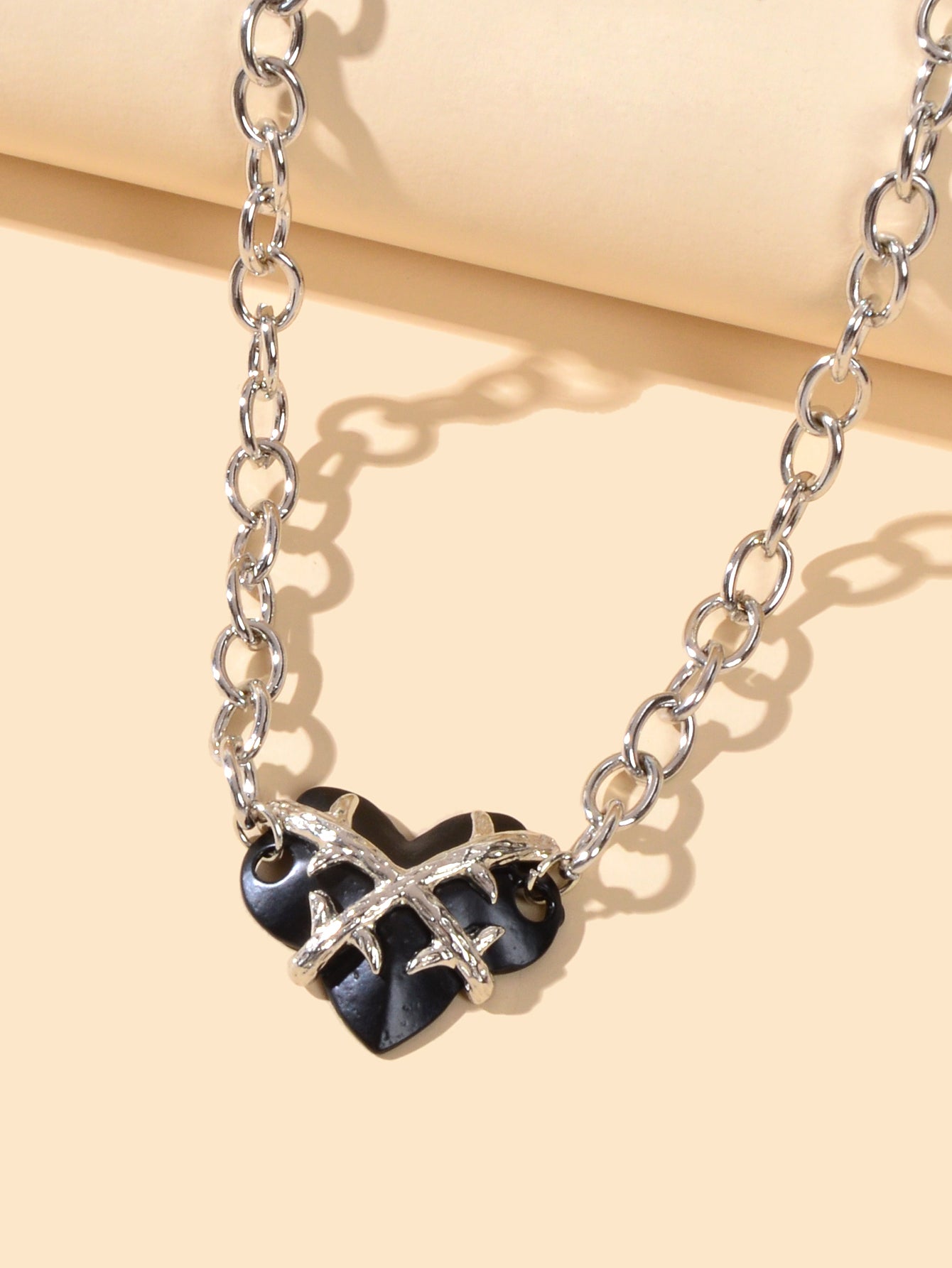 Designer Jewelry Crude Silver Chain Black Resin Heart Pendant Statement Necklace