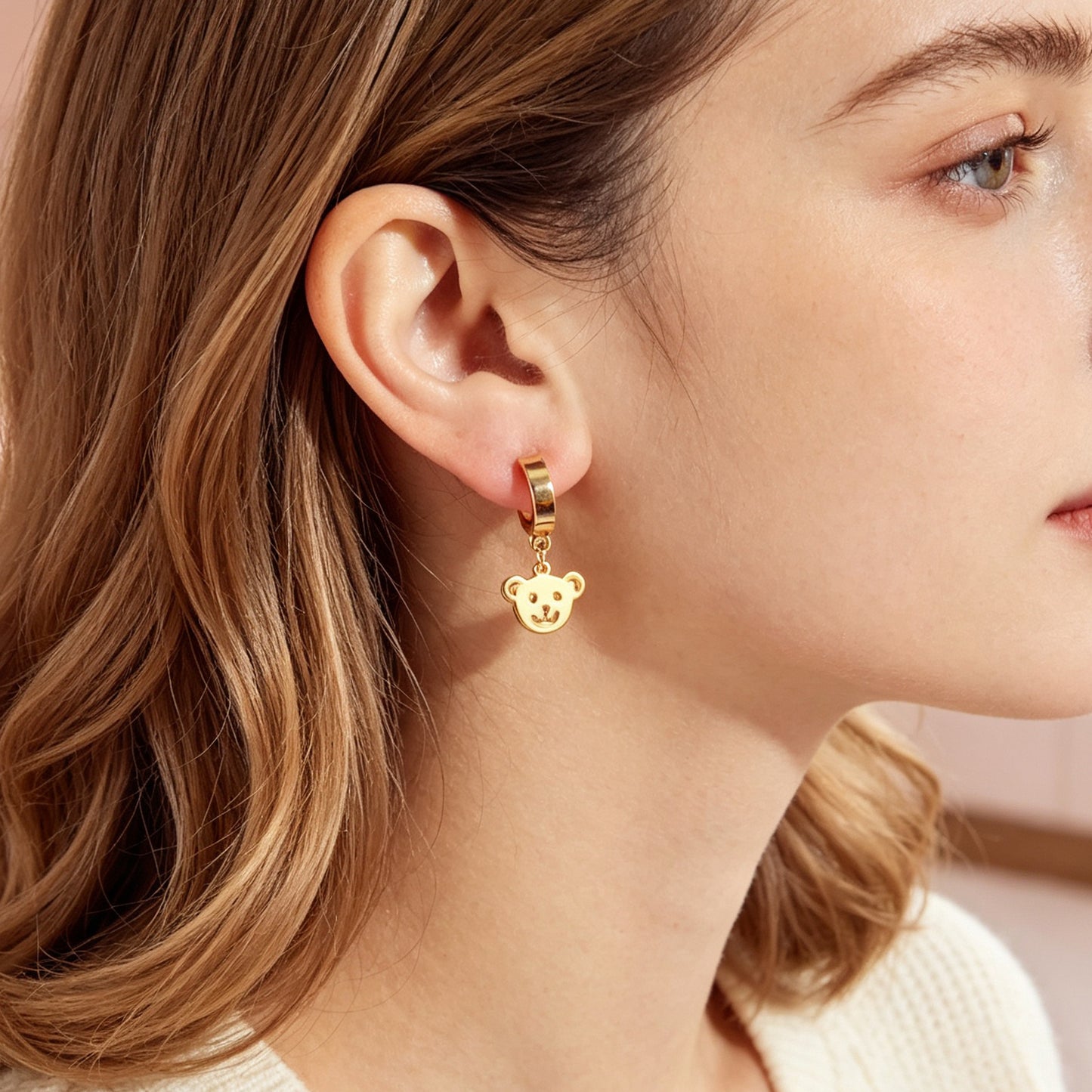 Cartoon Gold Smiley Bear Head Dangle Earrings Cute Animal Element Jewelry Birthday Gift