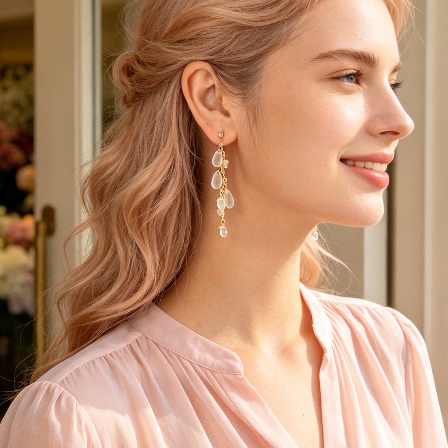 Transparent Water Drop Beads Long Tassel Dangle Earrings Exquisite Elegant Party Jewelry
