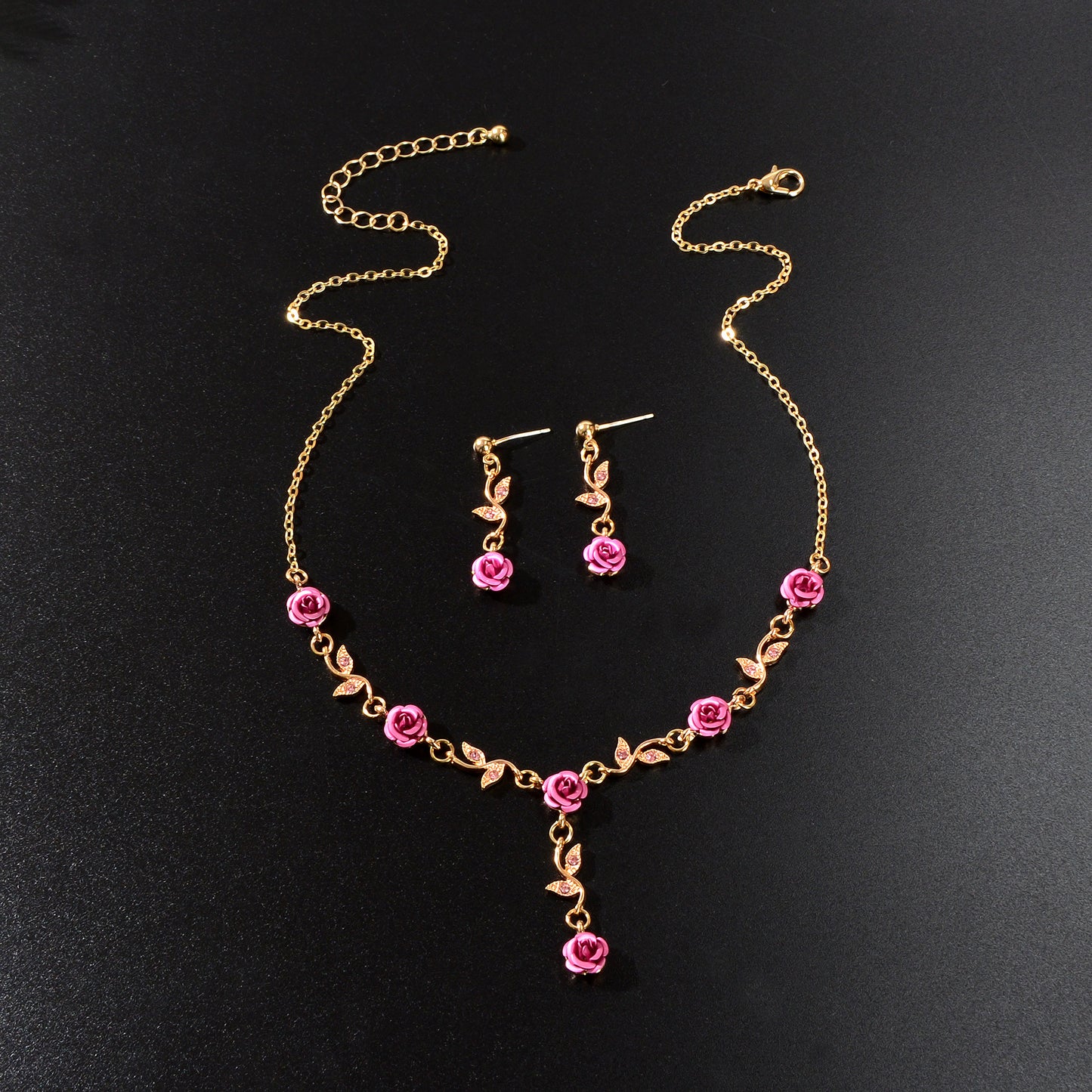 Golden Leaf Red Hot Pink Flower Pendant Necklace Dangle Earrings Jewellery set