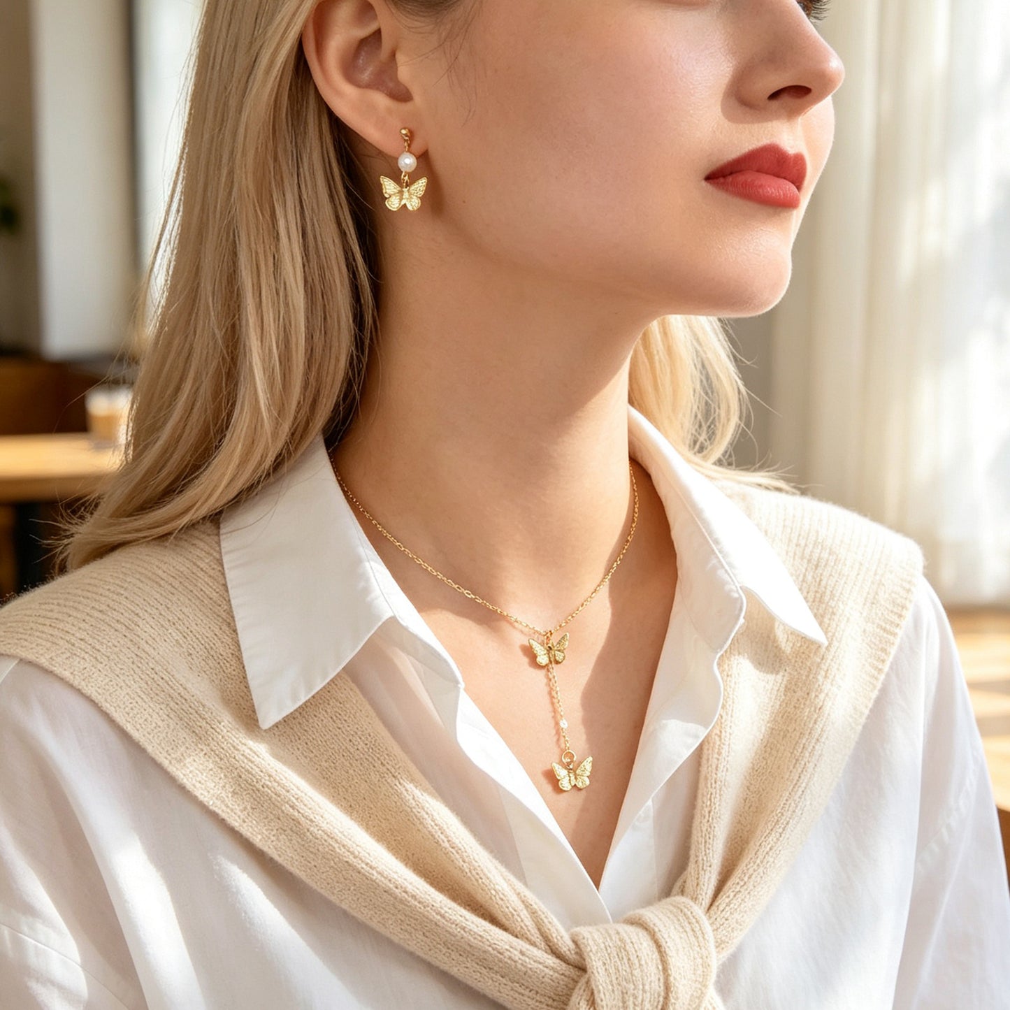 Gold Butterfly Set Y Drop Necklace Pearl Dangle Earrings Wedding Party Accessory