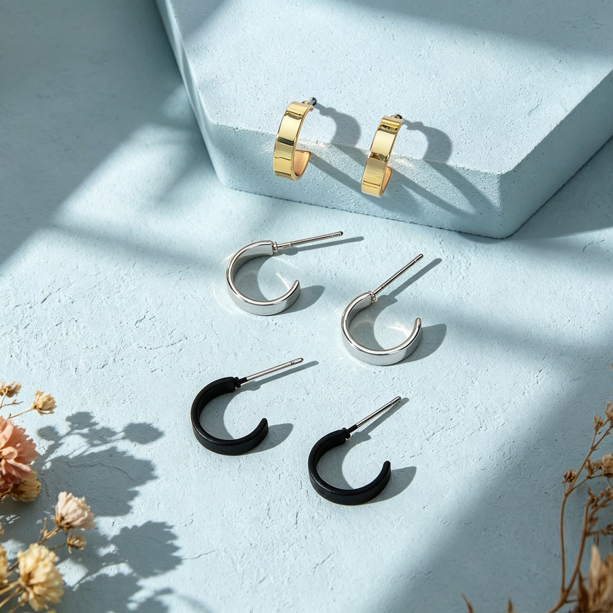 3 pairs Gold Silver Black Cute Hoop Stud Earrings Set Punk C-Shape Jewellery