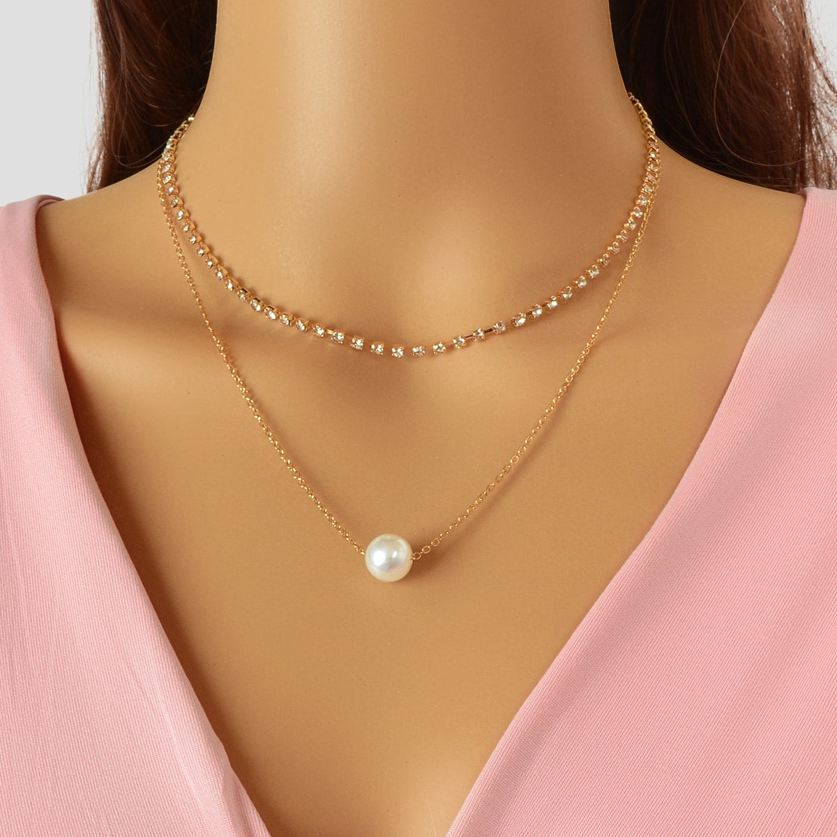 Double Layered Necklace Adjustable Simple Chain Multilayer Rhinestone Collar