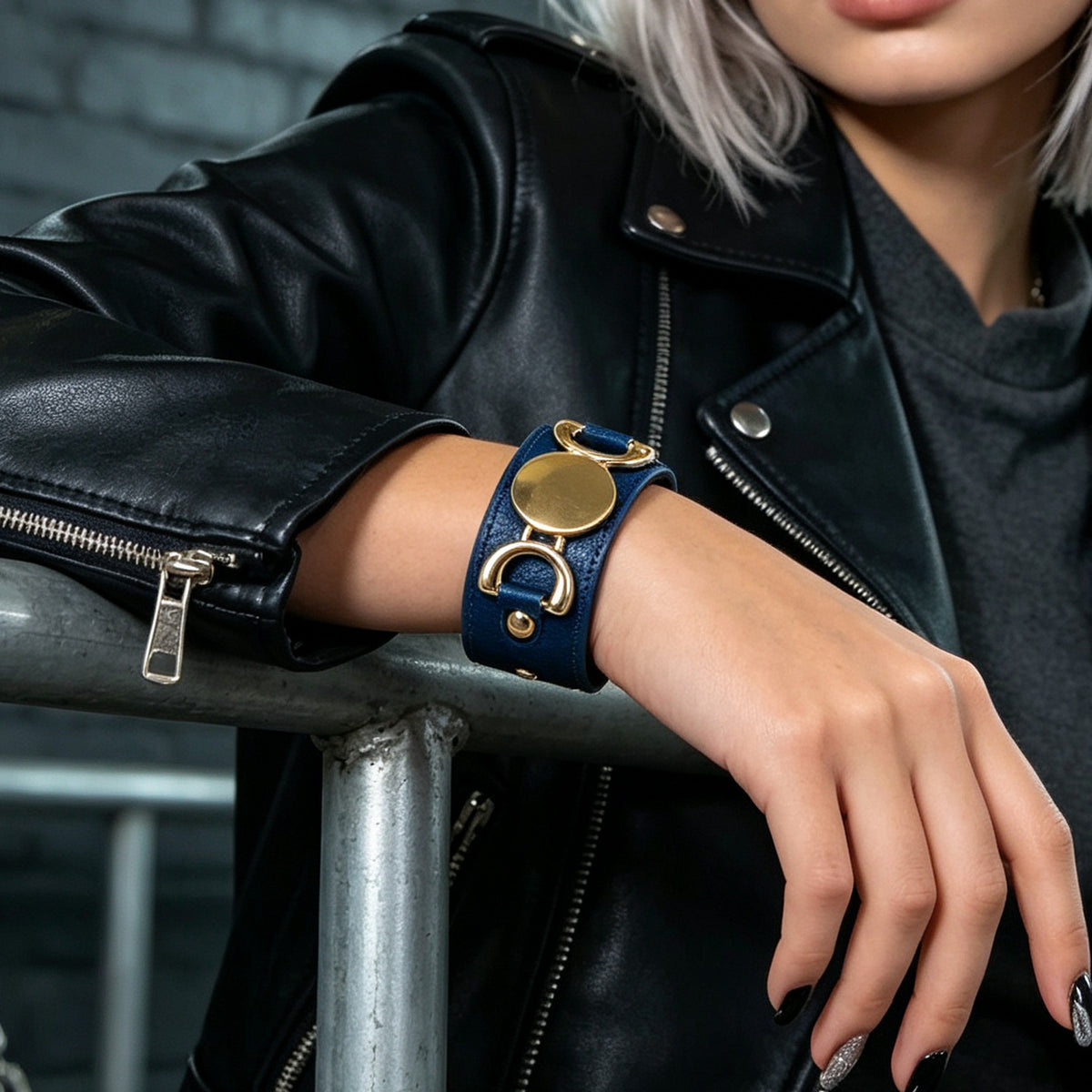 PU Leather Adjustable Wide Bracelet Punk Metal Round Geometric Wrist Accessories