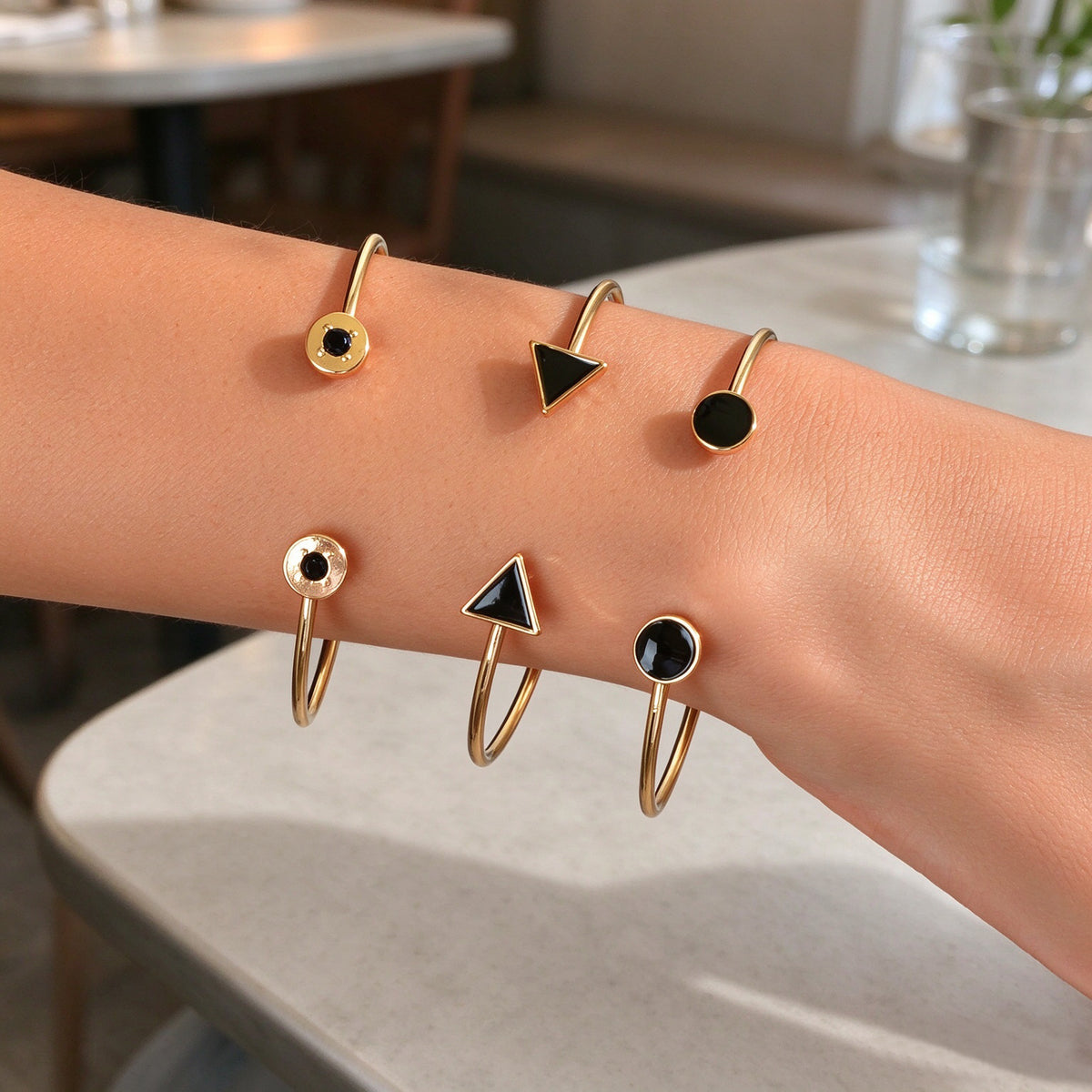 3pcs Gold Cuff Bangle Stackable Black Geometric Triangle Round Open Bracelet