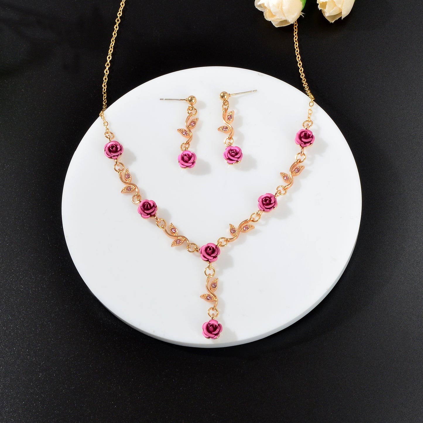 Golden Leaf Red Hot Pink Flower Pendant Necklace Dangle Earrings Jewellery set