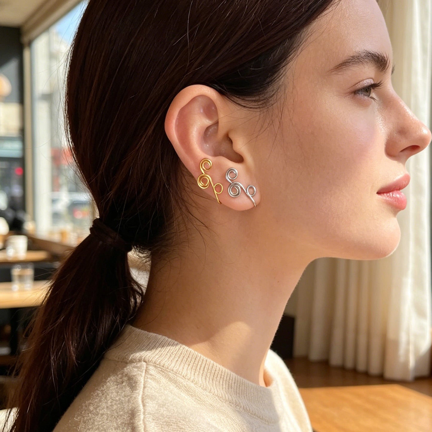 2pcs Minimalist Gold Silver Handmade Wire Triple Spiral Geometric Ear Clip Cuff