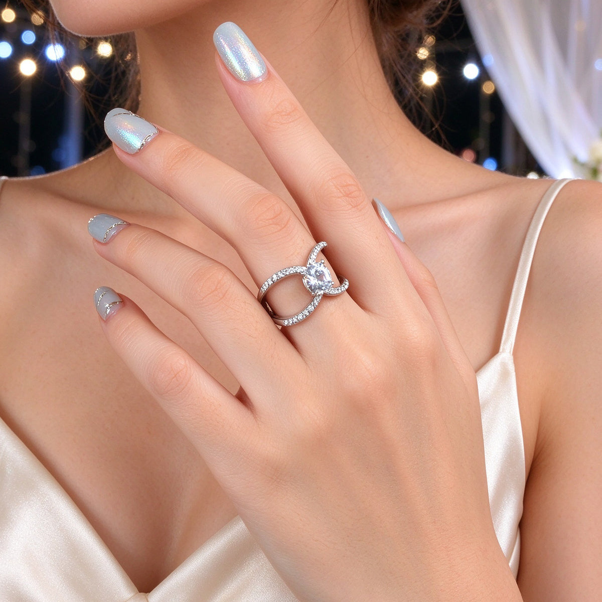 Luxury Imitation Diamond Silver Split Shank Ring Statement Wedding Party Jewelry