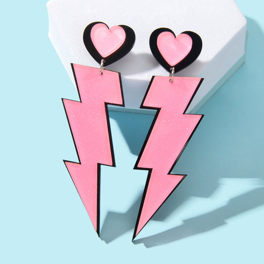 Y2K Sweet Pink Acrylic Heart Lightning Long Pendant Dangle Earrings for Dating